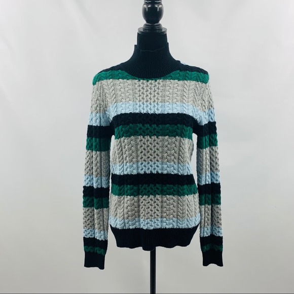 1901 Blue Green Black Gray Striped Sweater - Picture 2 of 8